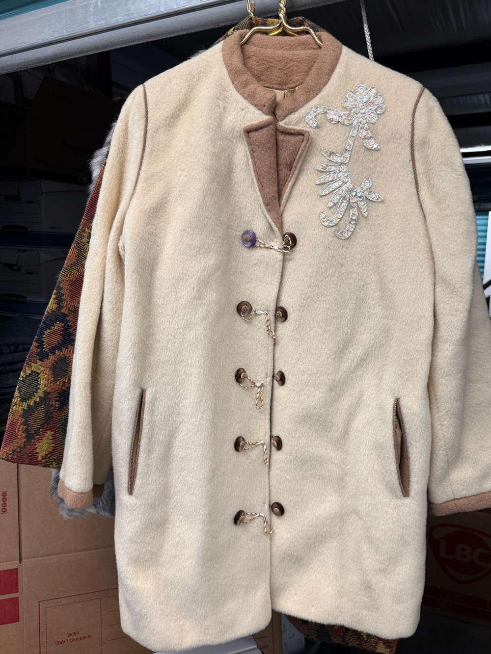 Cream Toggle-Front Wool-Blend Pea Coat with Crystal Embellishment